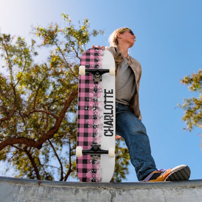 Stylish  Pink and Black Checkered Skateboard (Outdoor 1)