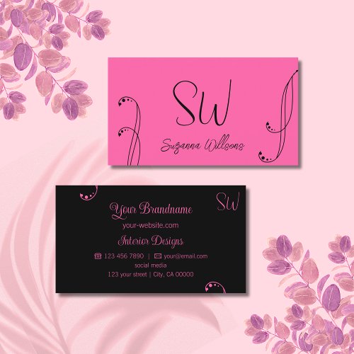 Stylish Pink and Black Chic Ornate with Monogram Business Card