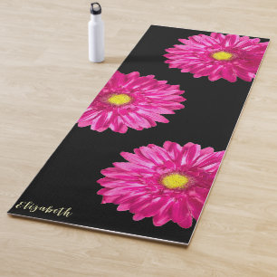 Stylish pink and black daisy custom name floral yoga mat