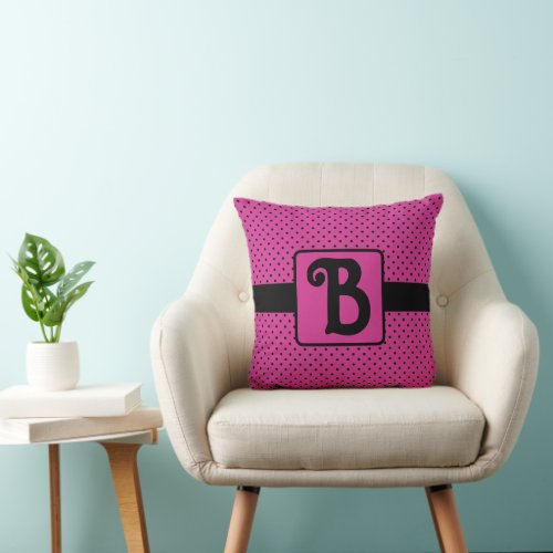 Stylish Pink and Black Dots Monogram Throw Pillow