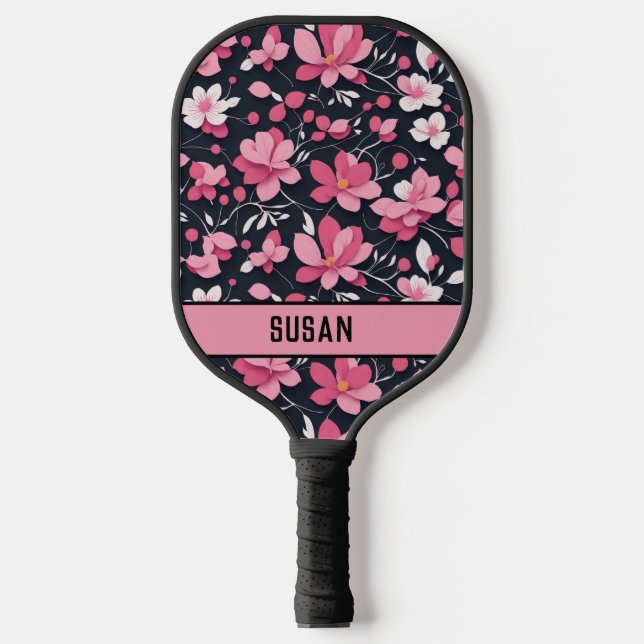 Stylish Pink and Black Floral Pattern/Personalize  Pickleball Paddle (Front)