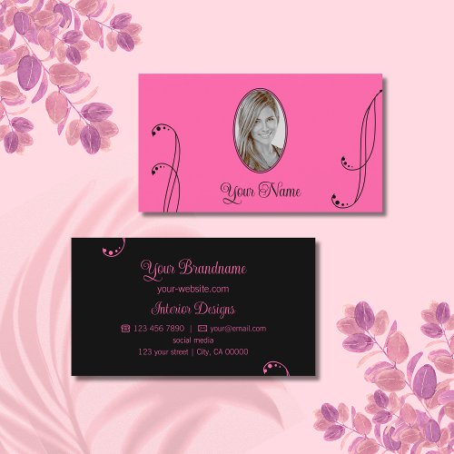 Stylish Pink and Black Ornate with Portrait Photo Business Card