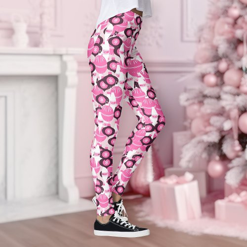 Stylish Pink And Black Retro Ornaments Christmas  Leggings