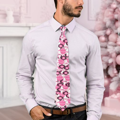 Stylish Pink And Black Retro Ornaments Christmas  Neck Tie