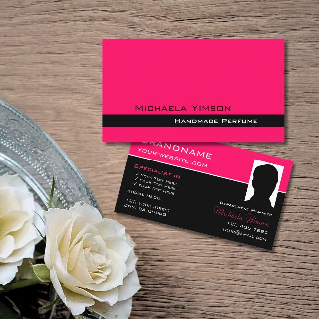 Stylish Pink and Black with Photo Professional Business Card (Creator Uploaded)
