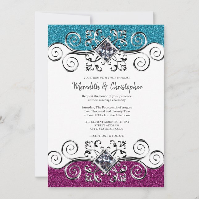 Stylish Pink and Blue Glitter Silver Bling Wedding Invitation (Front)
