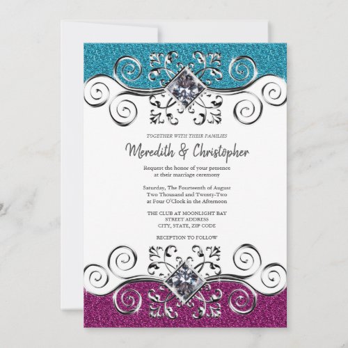 Stylish Pink and Blue Glitter Silver Bling Wedding Invitation