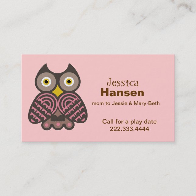 Stylish Pink and Brown Owl Mommy Card (Front)