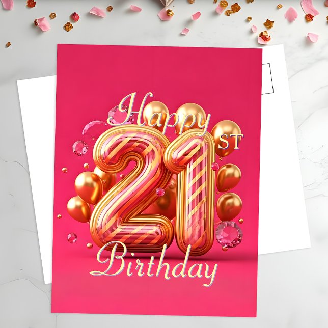 Stylish Pink and Gold 21st Birthday Celebration Postcard (Creator Uploaded)