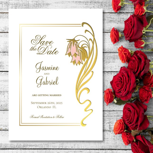 Stylish Pink and Gold Flowers Gold Frame Wedding Save The Date (Creator Uploaded)