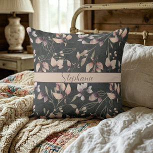 Stylish Pink And Gold Stone Leaves On Black Throw Pillow