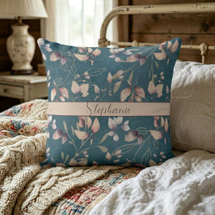 Stylish Pink And Gold Stone Leaves On Blue Throw Pillow