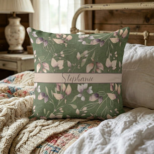 Stylish Pink And Gold Stone Leaves On Green Throw Pillow