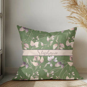Stylish Pink And Gold Stone Leaves On Green Throw Pillow