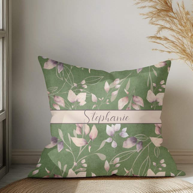 Stylish Pink And Gold Stone Leaves On Green Throw Pillow (Creator Uploaded)
