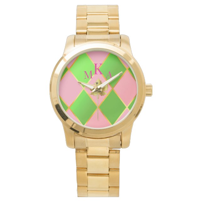 Stylish Pink and Green Gold Argyle Monogram  Watch (Front)