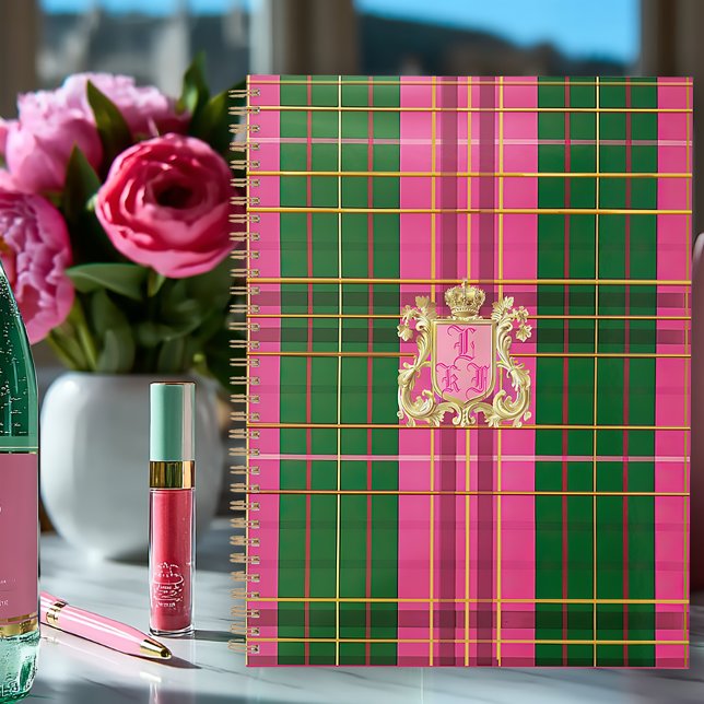 Stylish Pink and Green Plaid Monogrammed  Planner (Posh Plaid Pink and Green Monogrammed Business Planner/Glossy Soft Cover/Matte Hardcover)