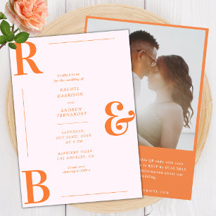 Stylish Pink and Orange Monogram QR Code Wedding Invitation