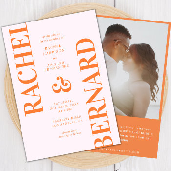 Stylish Pink And Orange Typography Qr Code Wedding Invitation by LovelyVibeZ at Zazzle