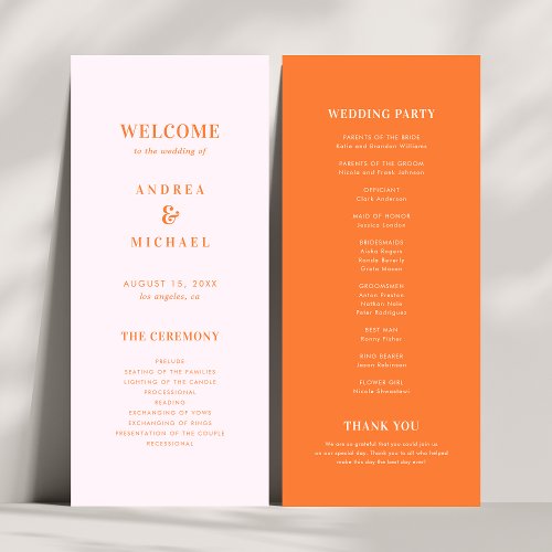 Stylish Pink and Orange Typography Wedding Program