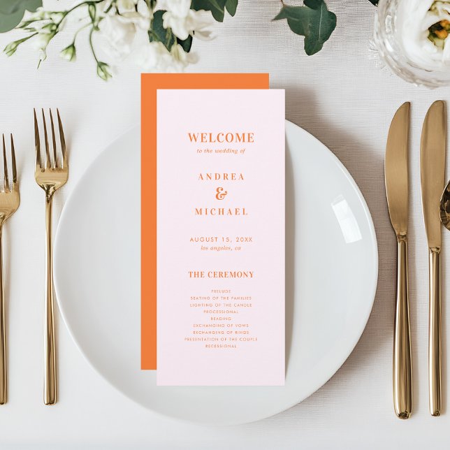 Stylish Pink and Orange Typography Wedding Program (Creator Uploaded)