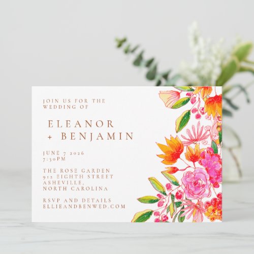 Stylish Pink and Orange Watercolor Floral Wedding Invitation