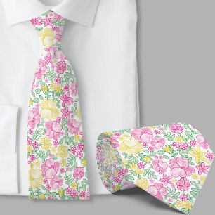 Stylish Pink and Yellow Floral Pattern Necktie