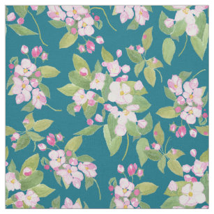 Stylish Pink Apple Blossom Pattern on Moody Blue Fabric