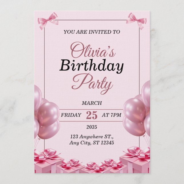 Stylish pink Birthday Invitation Card (Front)