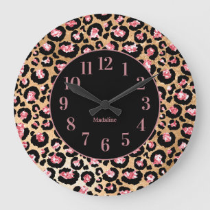 Stylish Pink Black Cheetah Leopard Print Monogram  Large Clock