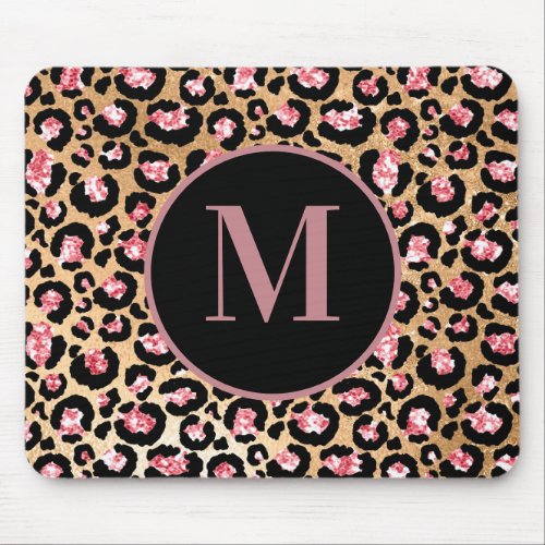 Stylish Pink Black Cheetah Leopard Print Monogram Mouse Pad