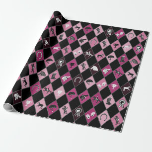 Stylish Pink Black Equestrian Diamond Pattern Wrapping Paper
