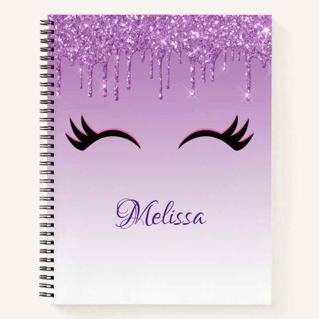 Stylish Pink & Black Eyelashes on Dripping Glitte Notebook (Front)