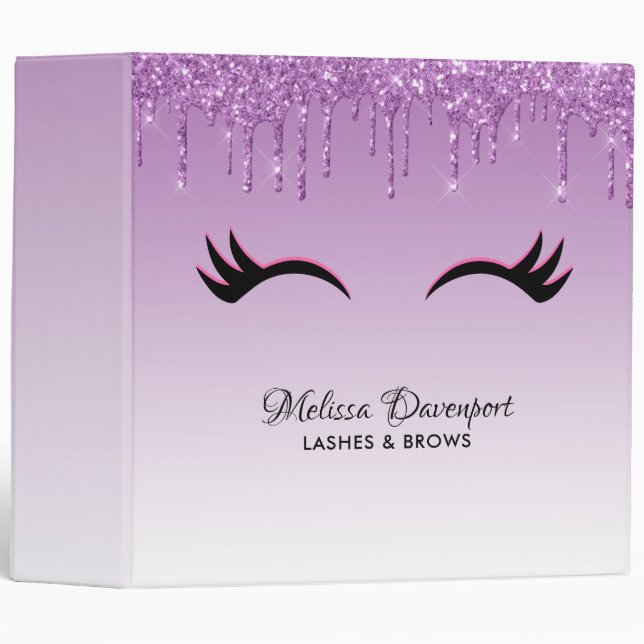 Stylish Pink & Black Eyelashes on Dripping Glitter 3 Ring Binder (Front/Spine)