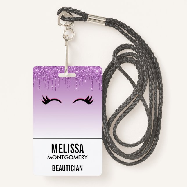 Stylish Pink & Black Eyelashes on Dripping Glitter Badge (Front with Lanyard)