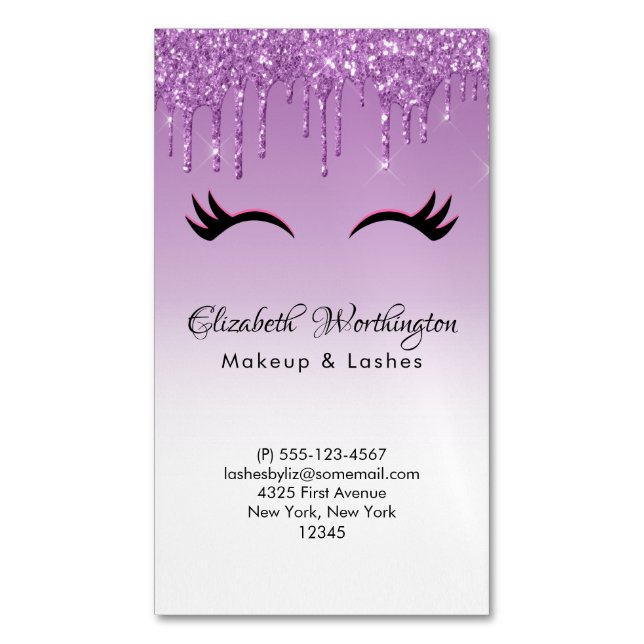 Stylish Pink & Black Eyelashes on Dripping Glitter Business Card Magnet (Front Vertical)