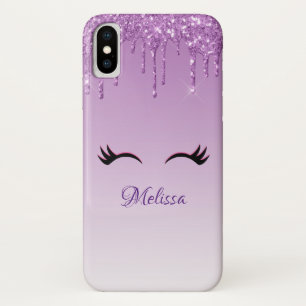 Stylish Pink & Black Eyelashes on Dripping Glitter iPhone X Case