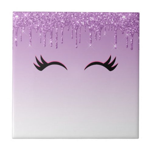 Stylish Pink  Black Eyelashes on Dripping Glitter Ceramic Tile