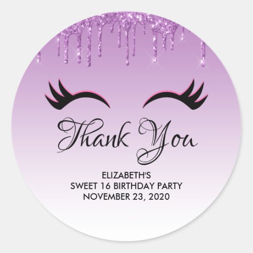 Stylish Pink  Black Eyelashes on Dripping Glitter Classic Round Sticker