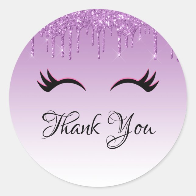 Stylish Pink & Black Eyelashes on Dripping Glitter Classic Round Sticker (Front)