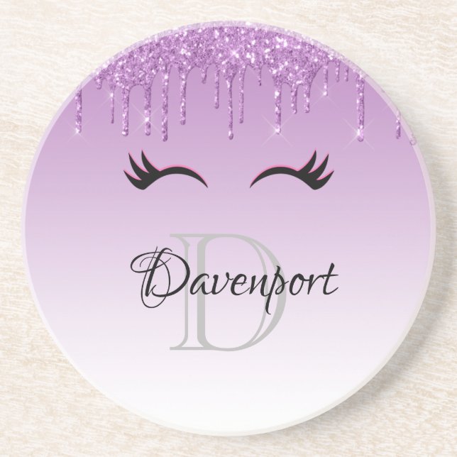 Stylish Pink & Black Eyelashes on Dripping Glitter Coaster (Front)
