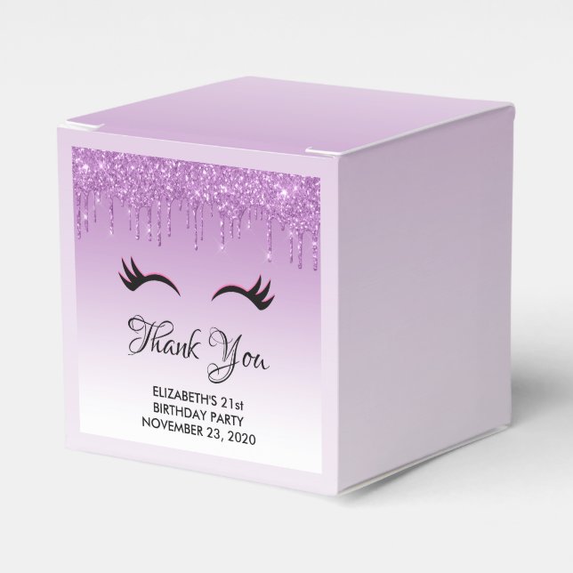 Stylish Pink & Black Eyelashes on Dripping Glitter Favor Boxes (Front Side)