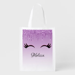 Stylish Pink & Black Eyelashes on Dripping Glitter Grocery Bag