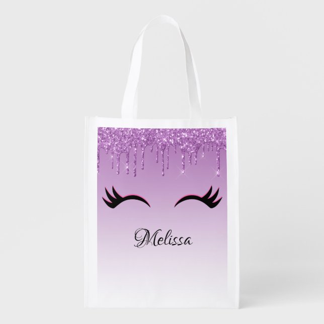 Stylish Pink & Black Eyelashes on Dripping Glitter Grocery Bag (Front)