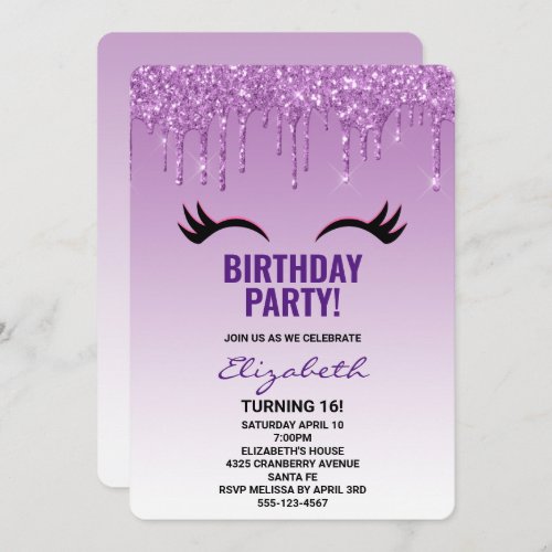 Stylish Pink  Black Eyelashes on Dripping Glitter Invitation