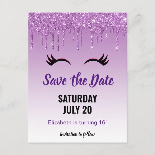 Stylish Pink & Black Eyelashes on Dripping Glitter Invitation Postcard (Front)