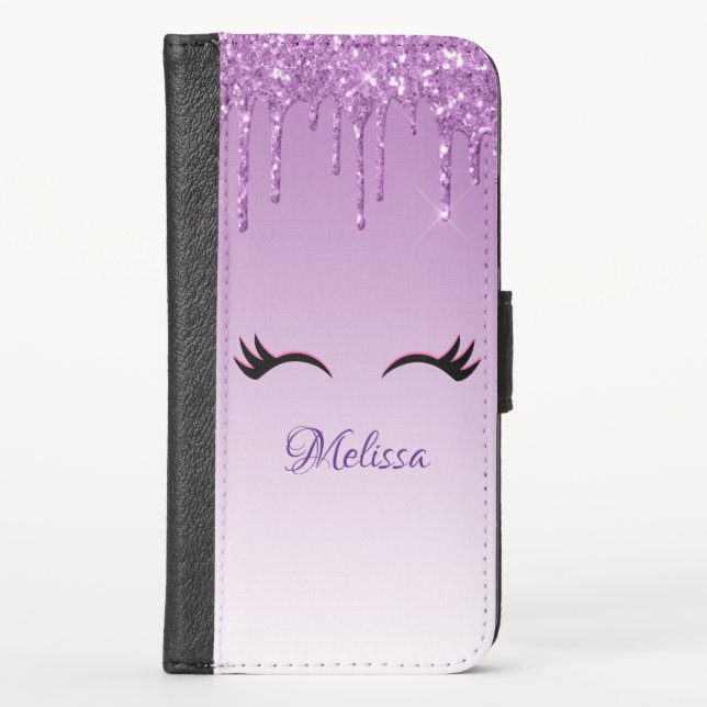 Stylish Pink & Black Eyelashes on Dripping Glitter iPhone Wallet Case (Front)