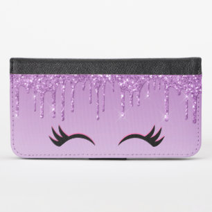Stylish Pink & Black Eyelashes on Dripping Glitter iPhone X Wallet Case