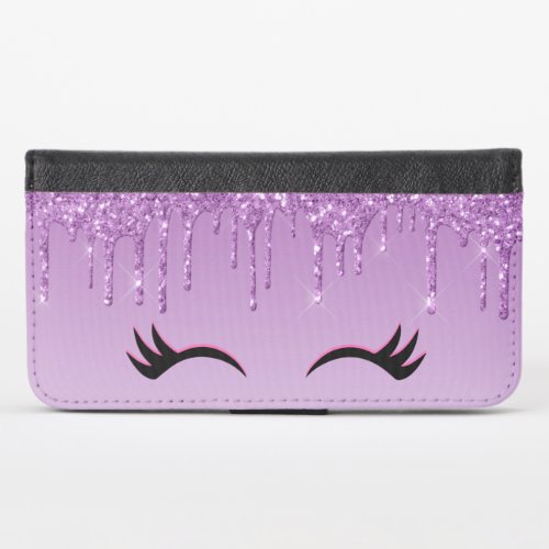 Stylish Pink  Black Eyelashes on Dripping Glitter iPhone X Wallet Case