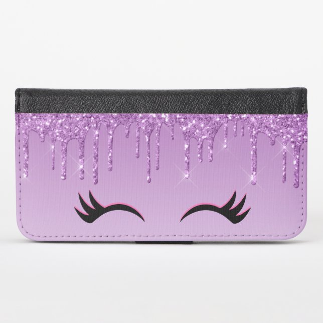 Stylish Pink & Black Eyelashes on Dripping Glitter iPhone Wallet Case (Front (Horizontal))